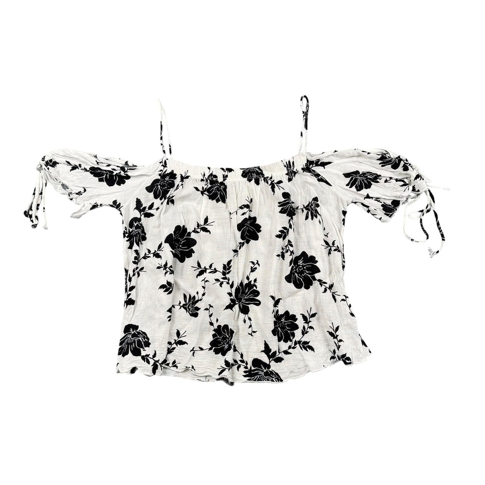 Love Republic Boho Off Shoulder Floral Black White Tie Sleeve‎ Peasant Blouse L